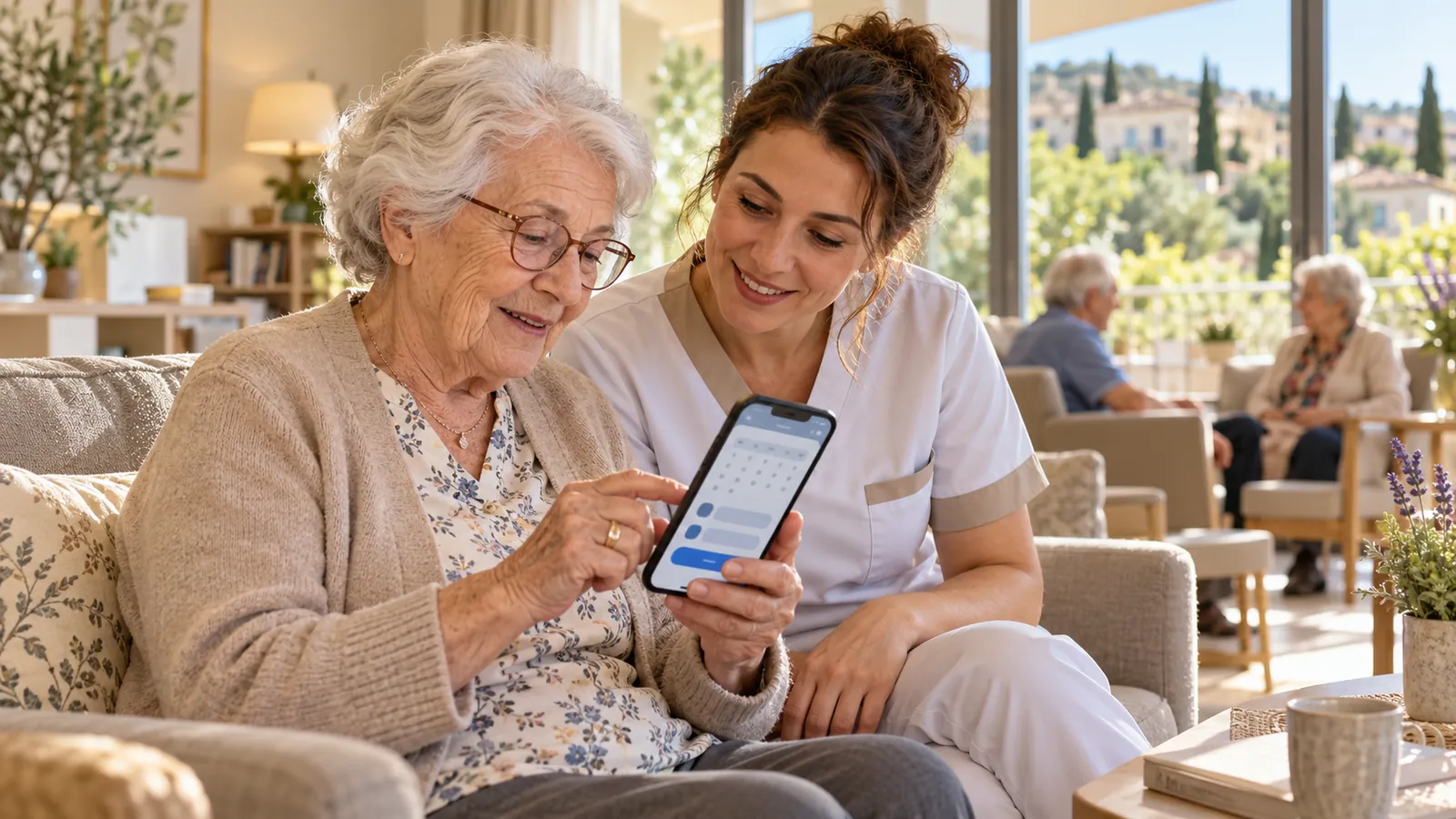 Aide-soignante et résidente âgée prenant un rendez-vous sur un smartphone au texte agrandi