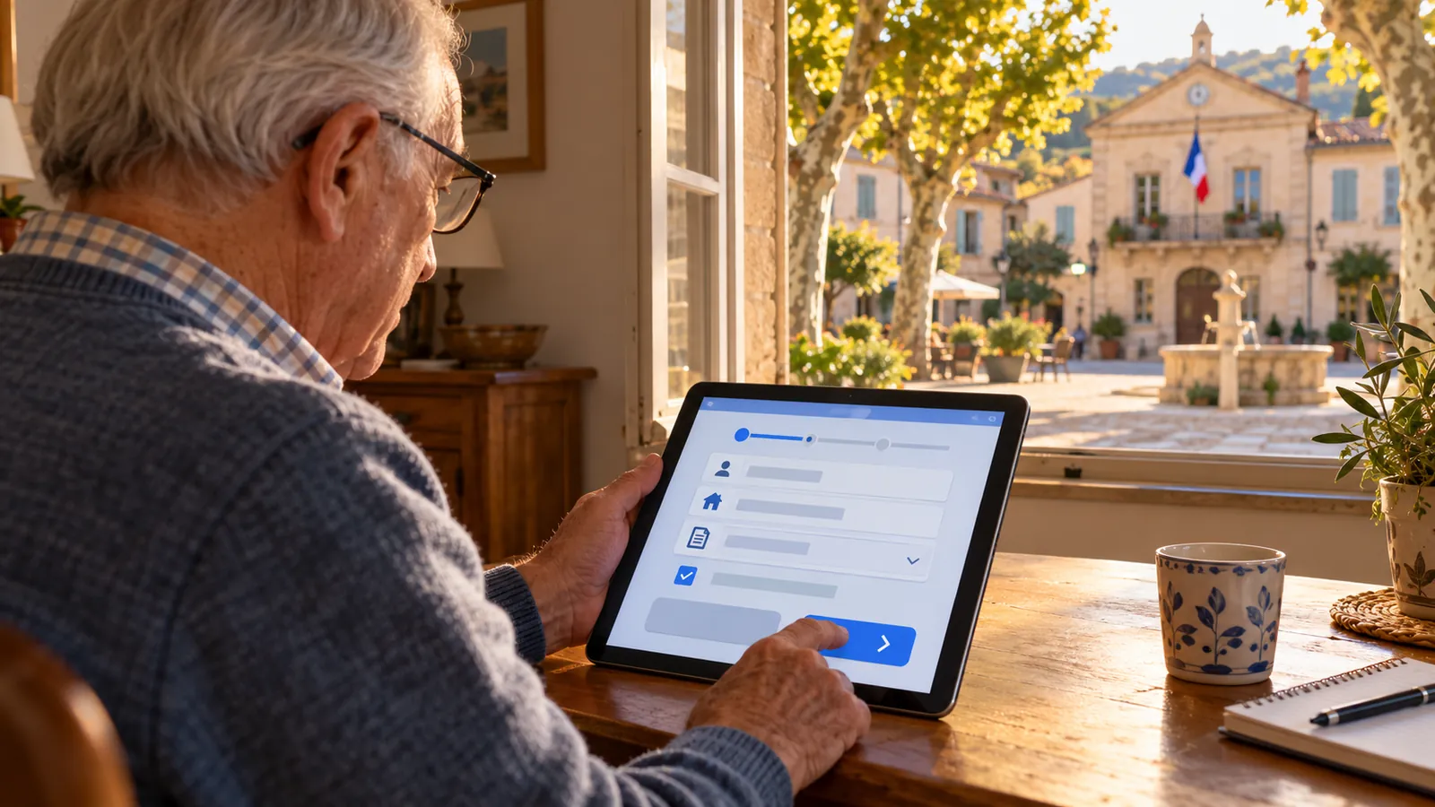 Habitant âgé consultant le site de sa mairie sur une tablette au texte agrandi