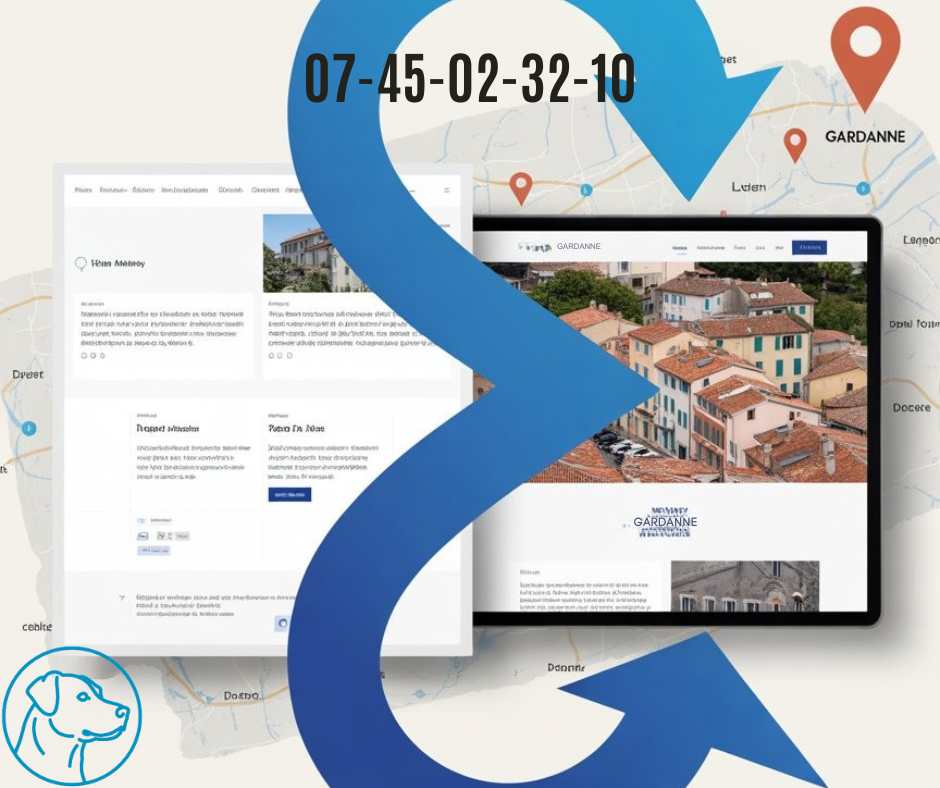 homme d'affaires tête dans les mains devant son ordinateur portable affichant des résultats Google, avec carte de Gardanne au mur et 5 commerces locaux barrés d'une croix rouge : boulangerie, plomberie, menuiserie et maçonnerie invisibles sur Google