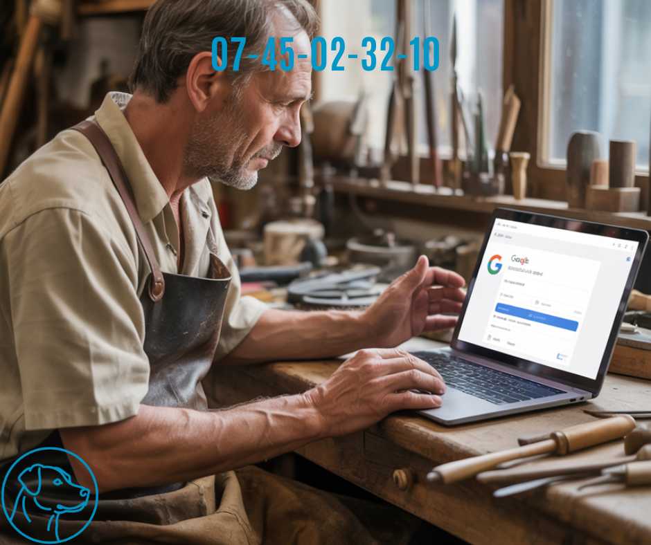 artisan de Meyreuil sur son ordinateur optimisant sa fiche Google Business Profile avec photos, horaires et avis clients pour apparaître sur Google Maps