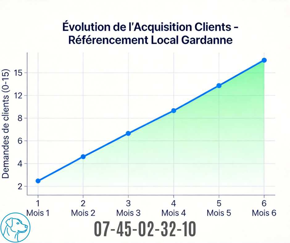 graphique montrant l'évolution de l'acquisition clients via référencement local à Gardanne de 2 demandes par mois à 15 en 6 mois