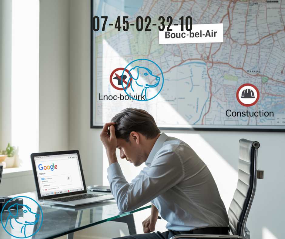 homme d'affaires assis à son bureau à Bouc-Bel-Air, tête dans les mains, regardant son ordinateur portable affichant des résultats Google vides, avec carte murale de Bouc-Bel-Air montrant 5 commerces locaux barrés d'une croix rouge : boulangerie, plomberie, menuiserie, maçonnerie invisibles sur Google à cause d'erreurs de référencement local