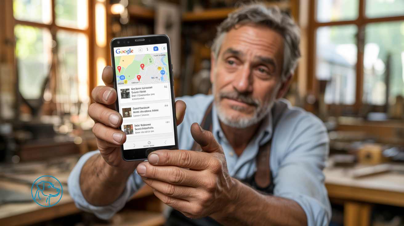smartphone affichant résultats Google Maps pour artisans avec fiches Google Business Profile