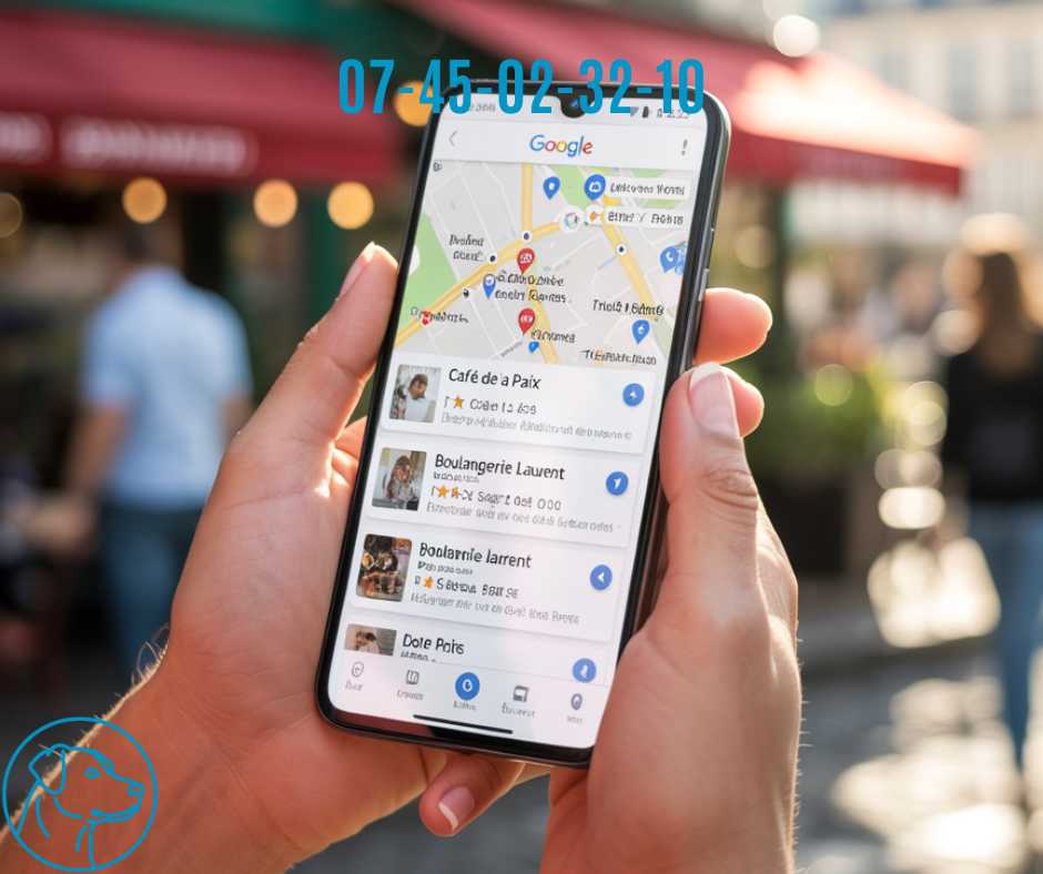 smartphone affichant Google Maps avec résultats locaux pour artisans à Meyreuil, fiche Google Business Profile optimisée visible en premier