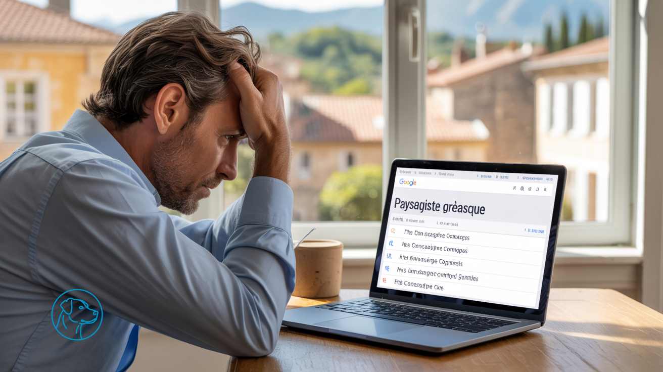 artisan de Gréasque frustré devant son ordinateur affichant des résultats Google où son entreprise n'apparaît pas dans les 5 premiers résultats de recherche locale