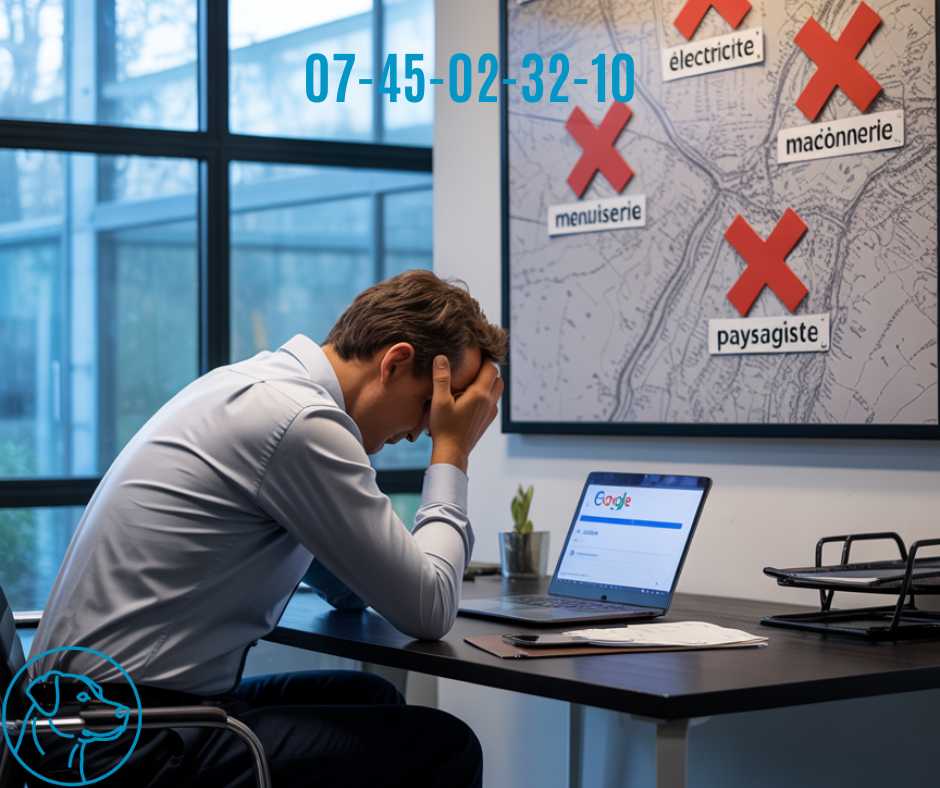 artisan de Gréasque frustré devant son ordinateur affichant des résultats Google où son entreprise n'apparaît pas dans les 5 premiers résultats de recherche locale