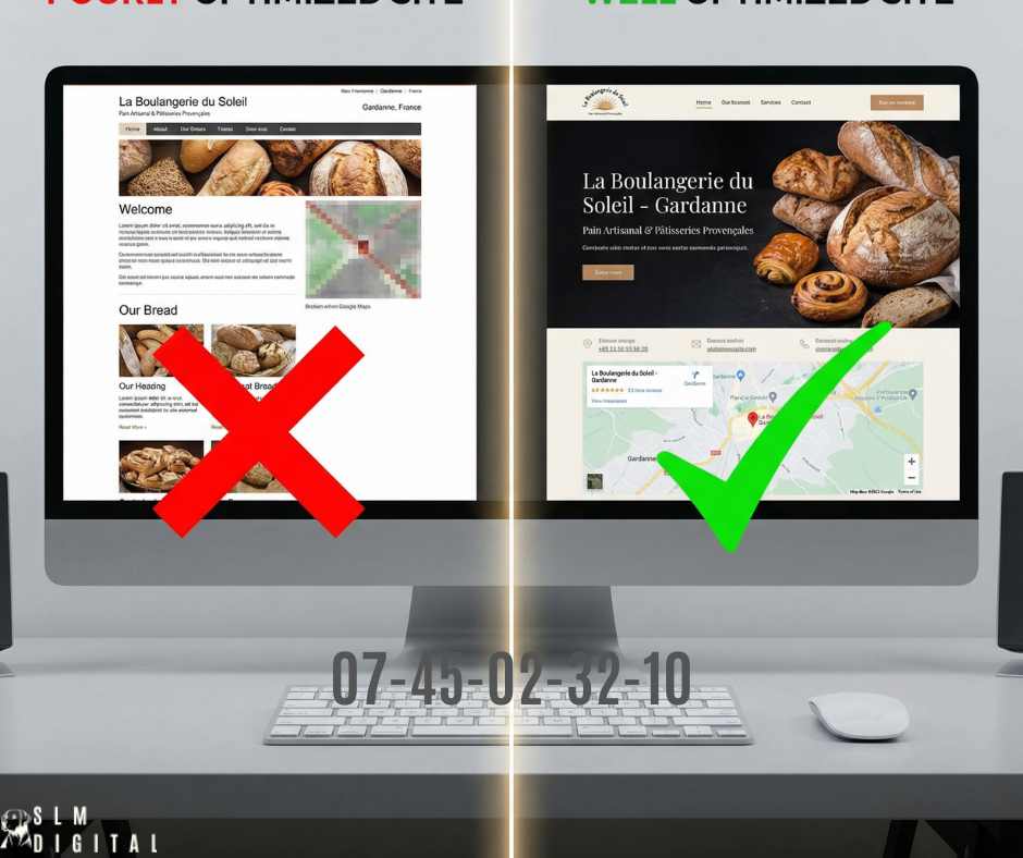 comparaison d'un site Wix mal structuré versus bien optimisé pour le référencement local à Gardanne avec résultats Google Maps