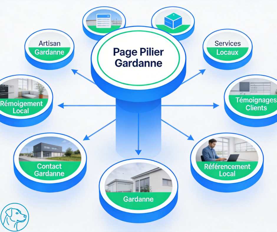 schéma d'architecture SEO locale montrant un système cohérent de page pilier et contenus satellites pour dominer les recherches à Gardanne