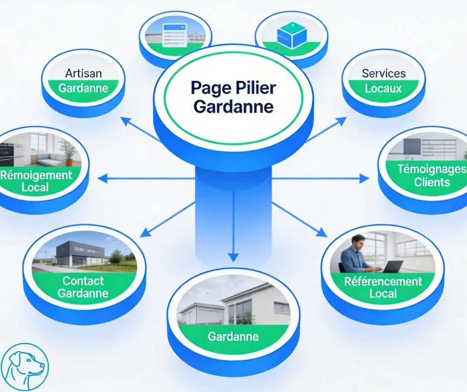 architecture de référencement local à Gardanne avec page pilier et contenus satellites reliés pour renforcer la visibilité Google
