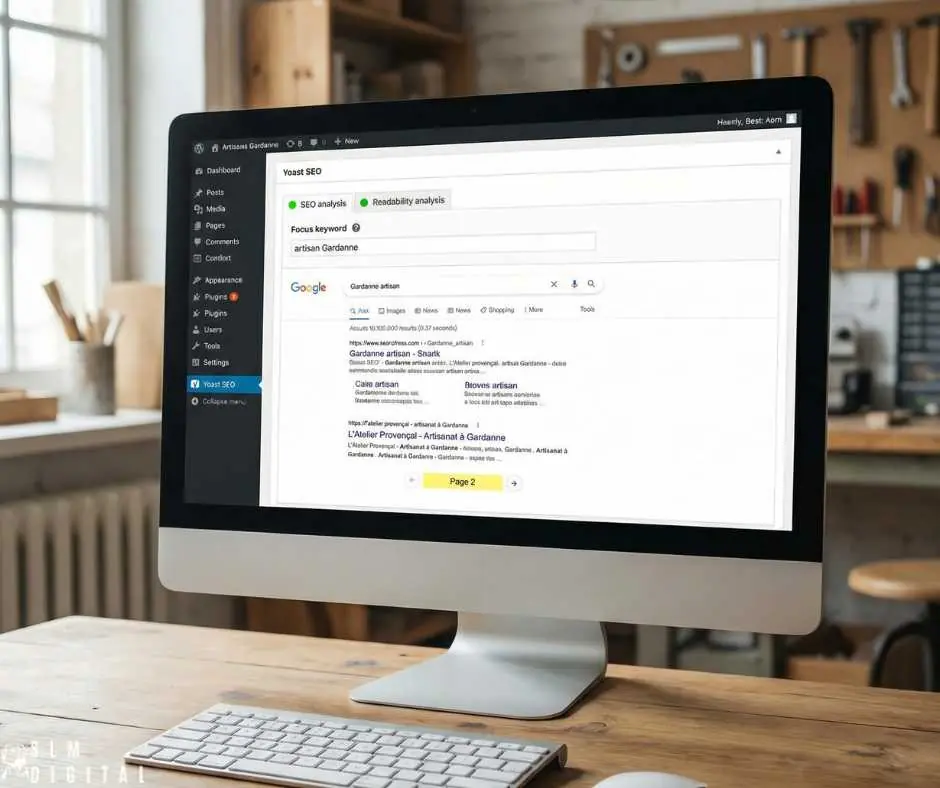 dashboard WordPress avec plugin SEO vert mais site invisible sur Google faute de stratégie de positionnement claire